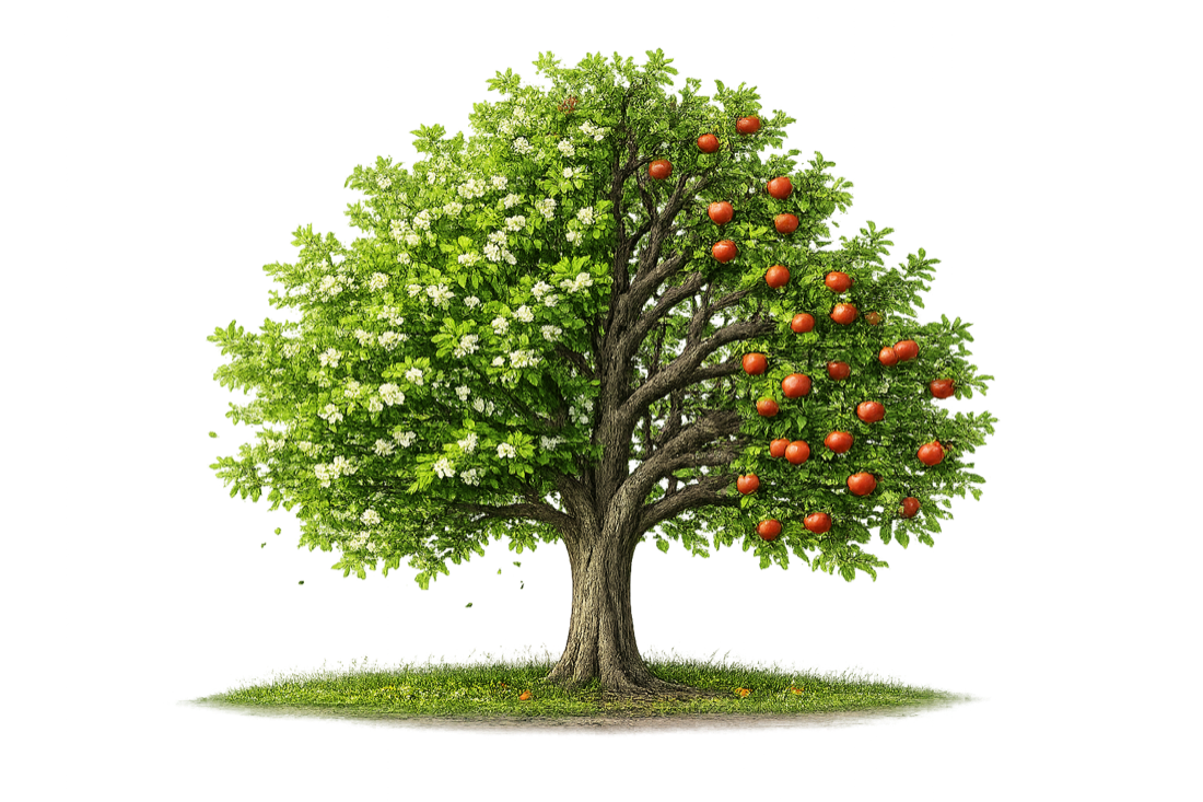 An orchard tree, half in bloom and half bare — the two halves of every client portfolio.